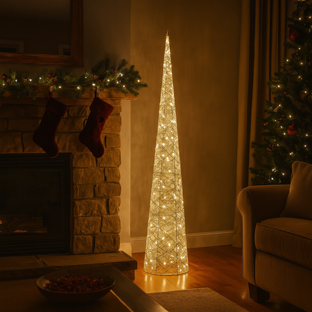 Albero decorativo cono oro in metallo con luci per decorazione natalizia