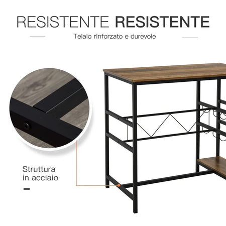 Set Tavolo 2 Sgabelli Alti da Bar in Legno Isola Cucina con Portabottiglie e Portabicchieri in Stile Industriale GT5835-215GT5