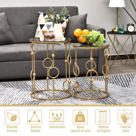 Set 2 Pezzi Tavolini da Caffè Design Elegante con Motivi a Cerchio, Metallo e Vetro Temperato Φ41x57cm & Φ36x51cm, Oro SD9833-674SD9