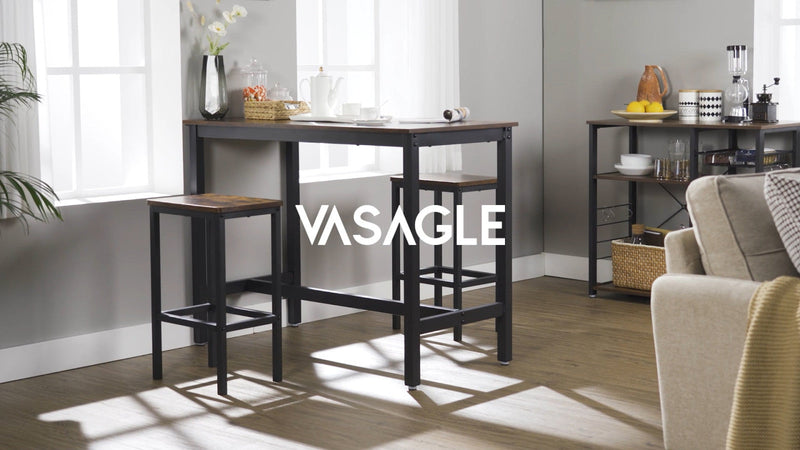 Tavolo Alto, Set di Tavolo e Sgabelli da Bar, Tavolo da Colazione con Set di 2 Sgabelli, Struttura in Acciaio Industriale, Marrone Vintage e Nero LBT219B01