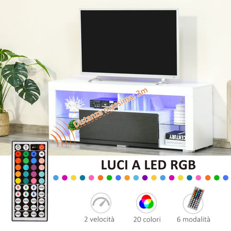 Mobile Porta TV con Luci a LED e Telecomando Bianco e nero lucido con cassettone F839-126V90BKA ,  soggiorno salotto marrone alto basso grigio cassetti design da terra parete grande tavolino ingresso moderno muro parete attrezzata sala