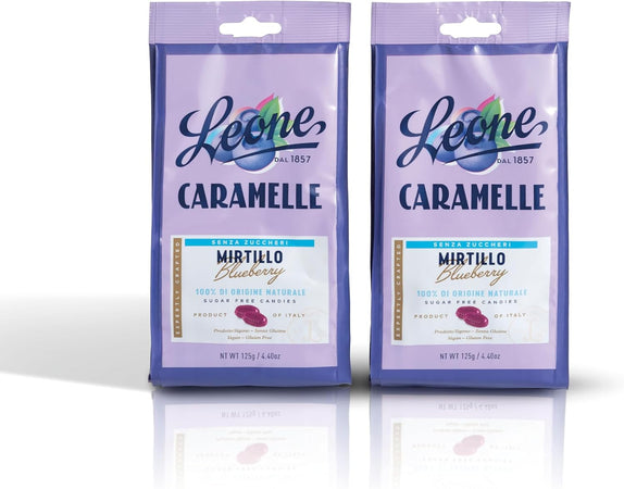 Immagine del prodotto Leone dal 1857 - Caramelle Senza Zucchero Mirtillo - Caramelle gusto Mirtillo Senza Glutine e Vegane - 2 Sacchetti Caramelle Dure da 125g (2 x 125g)