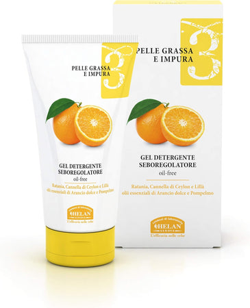 Helan, Linea Viso 3, Gel Detergente Viso Pelle Grassa, Seboregolatore con Estratti Origine Vegetale (Ratania, Cannella e Olio Essenziale di Arancio Dolce e Pompelmo) 150ml - Made in Italy