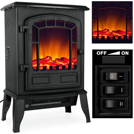 Caminetto Elettrico Stufa 1000/2000 W luci LED 38x24 H56 cm Effetto Fuoco Nero
