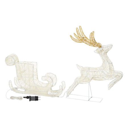 Renna con slitta decorativa 3D con telaio bianco 160 led Ø 5 mm per decorazioni natalizie h 60 cm