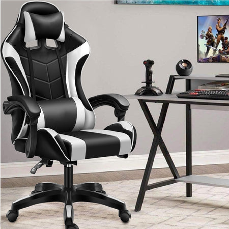 Sedia Poltrona Gaming Ufficio Scrivania Gioco Reclinabile 150° Girevole 2cuscini Bianco
