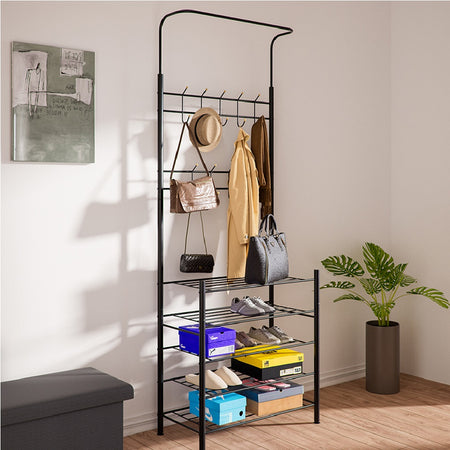 Ingresso Stand Appendiabiti in Metallo 9Ganci 5Ripiani 68.5x35 H187cm Scarpiera Nero