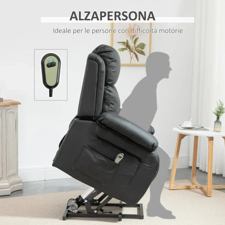 Poltrona Relax Elettrica e Alzapersona Reclinabile fino 160° con Telecomando, in Similpelle - Nero WE4713-092V90BKWE4