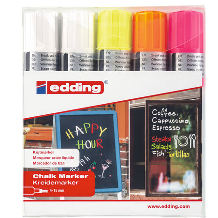 Astuccio 5 Marcatore Edding 4090 Punta Scalpello Gesso Liquido Assortiti Fluo