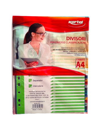 Divisori A4 in plastica numerici da 1 a 31 colorati