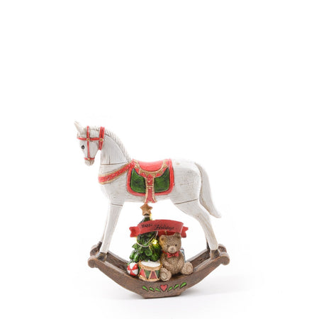 Statuetta Cavallo a dondolo effetto legno con colori natalizi in resina