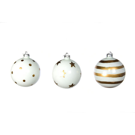 Pallina per albero di Natale in vetro decorate Bianco e Oro da 10 cm, confezione da 6 pezzi
