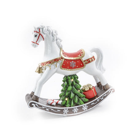 Cavallo bianco a dondolo in resina con luci, decorazione per interno