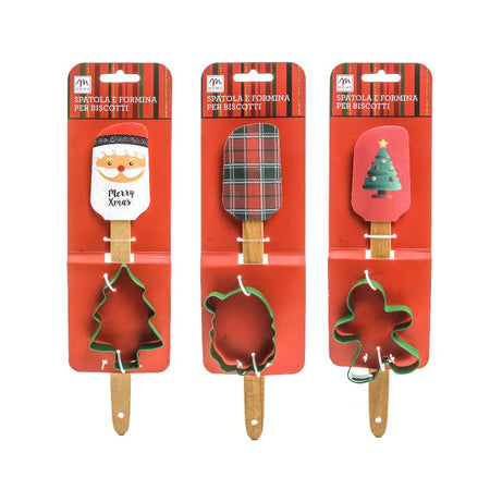Set spatola rossa in silicone con manico in legno e formina per biscotti