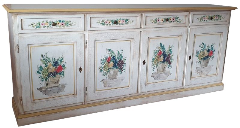 MOBILI 2G - Credenza 4 porte legno shabby bianco anticato decori ocra 205X42X86