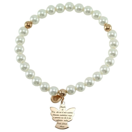 Bracciale Elastico Donna in Argento 925 PVD Rosa con Perline e Pendente Angelo con Preghiera - I Giampini