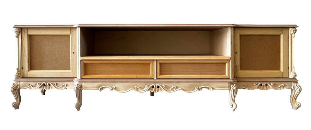 MOBILI 2G - Porta tv 2 ante 2 cassetti classico barocco Legno grezzo 258x60x76