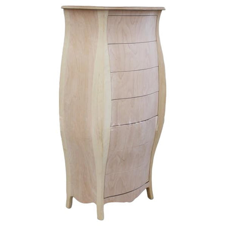 MOBILI 2G -  CASSETTIERA BOMBATA LEGNO GREZZO BIANCO 4 CASSETTI E RIBALTA 73x37x141 (3029)