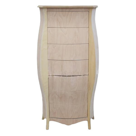 MOBILI 2G -  CASSETTIERA BOMBATA LEGNO GREZZO BIANCO 4 CASSETTI E RIBALTA 73x37x141 (3029)
