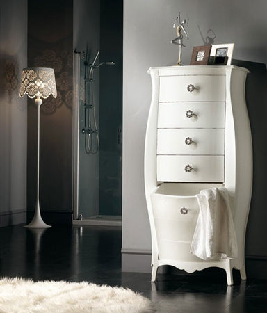 MOBILI 2G -  CASSETTIERA BOMBATA LEGNO GREZZO BIANCO 4 CASSETTI E RIBALTA 73x37x141 (3029)
