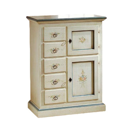 Credenza dispensa 2 porte 5 cassetti shabby bianco patinato decori 75x40x100 (1329)