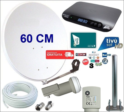 Kit satellitare da 60 CM per ricezione canali Tivùsat con decoder XORO HRS 8830 ed LNB Single con Sat Finder e Bussola integrati