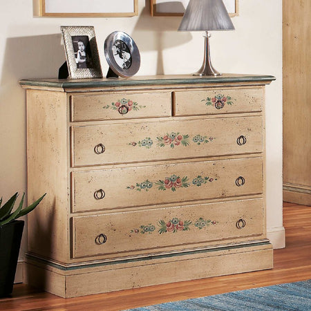 MOBILI 2G - Cassettiera arte povera 5 cassetti legno shabby avorio 117x51x101 (1429)
