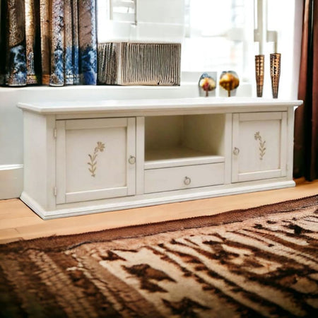 Porta tv 2 ante 1 cassetto legno shabby avorio decori 160x46x56