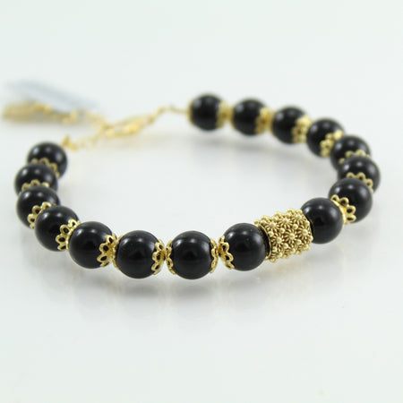 Bracciale portafortuna Su Coccu sfere onice e filigrana d'argento dorato 8 mm
