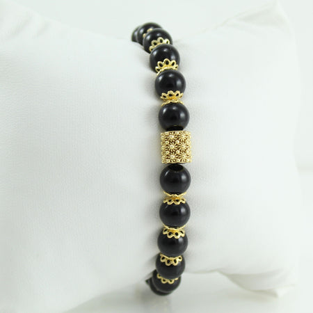Bracciale portafortuna Su Coccu sfere onice e filigrana d'argento dorato 8 mm