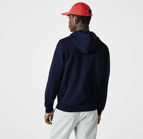 Lacoste Felpa Uomo Blu Con Cappuccio Maxi Logo Scritta LACOSTE Coccodrillo Verde Ricamato Felpa Con Cerniera Full Zip e Tasche