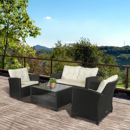 Set Mobili da Giardino 4 Pezzi in Rattan PE e Tavolino, Divano e Poltrone Imbottiti Nero e Beige 124x68x76cm 860-117CW