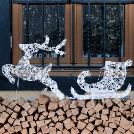 Decorazione natalizia "Renna galoppante con slitta" 2D con gocce led bianco da esterno