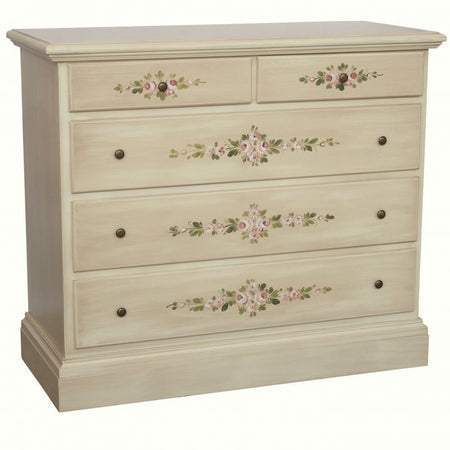 MOBILI 2G - Cassettiera 5 cassetti legno shabby avorio anticato decori 117x51X101