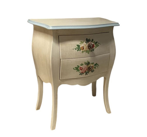 MOBILI 2G - Comodino Legno shabby avorio anticato decori filo azzurro 50x30x60