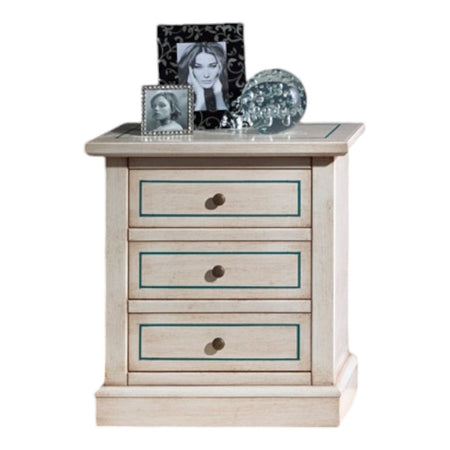 MOBILI 2G - Comodino 3 cassetti legno shabby bianco anticato decori filo azzurro 60x35x64