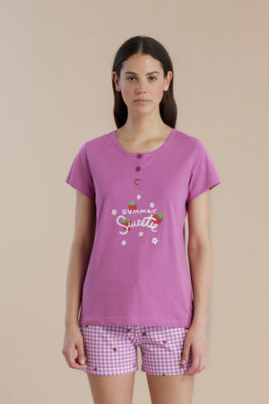Pigiama donna in cotone con maglia manica corta e pantaloncini a quadretti - Noi di notte 9076