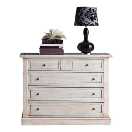 MOBILI 2G - Cassettiera 5 cassetti legno shabby bianco anticato filo azzurro 117x51X101