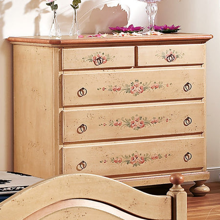 MOBILI 2G - Cassettiera arte povera 5 cassetti legno shabby avorio rosso 116x51x101 (1422)
