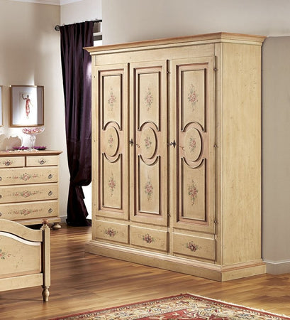 MOBILI 2G - Armadio 3 porte arte povera in legno shabby avorio anticato filo rosa 184x60x217 (1434)