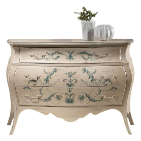 MOBILI 2G - Comò Bombato shabby Legno avorio decori floreali 130x55x88 (1368)