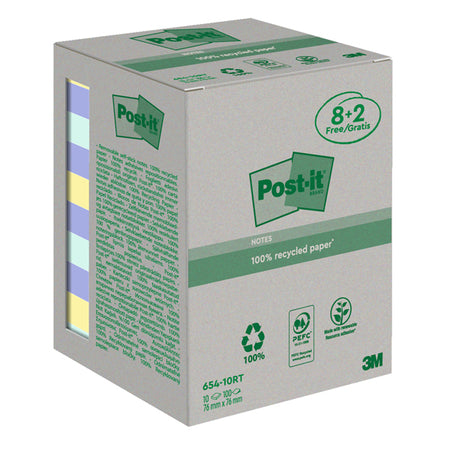 Valuepack 10 Blocchi 100Fg Post-It Carta Ricic.Colori Pastel 76X76Mm 654-Rcp10