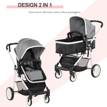Passeggino Carrozzina 0-36 Mesi Pieghevole e Regolabile, 2in1 80x51x102cm Grigio