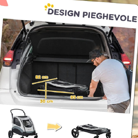 Passeggino per Cani Taglia Media 4 Ruote con Borsa 107x67x102cm Grigio