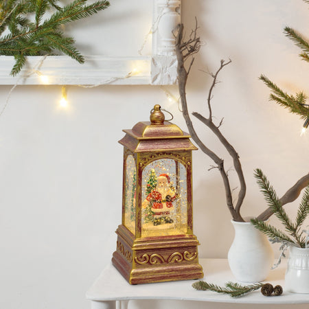 Lanterna natalizia a batteria rosso antico con nevicata glitter h 20 cm