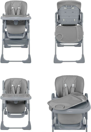 KIKKABOO Seggiolone COMFY+ , regolabile in altezza, con cinture, doppio vassoio, pieghevole, chiusura compatta, comodo, colore GREY, grigio