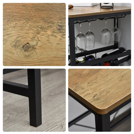 Set Tavolo 2 Sgabelli Alti da Bar in Legno Isola Cucina con Portabottiglie e Portabicchieri in Stile Industriale YU9835-215YU9