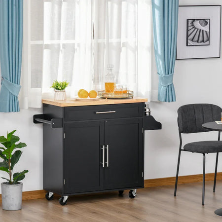 Carrello da Cucina con Cassetti, Portaspezie e Armadietto, Carrello da Portata con 4 Ruote e Piano di Lavoro in Legno, 109x40x89cm, Nero YH9801-178BKYH9