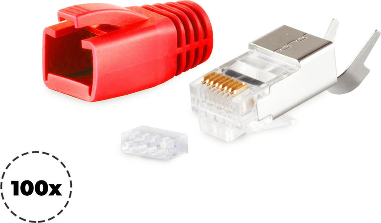 S/CONN maximum connectivity Netzwerk Modular Stecker RJ45 SET fr Verlegekabel bis AWG 23, Stecker mit Zugentlastung, Einfhrhilfe und Tlle, rot VE 100 (72067-100R)