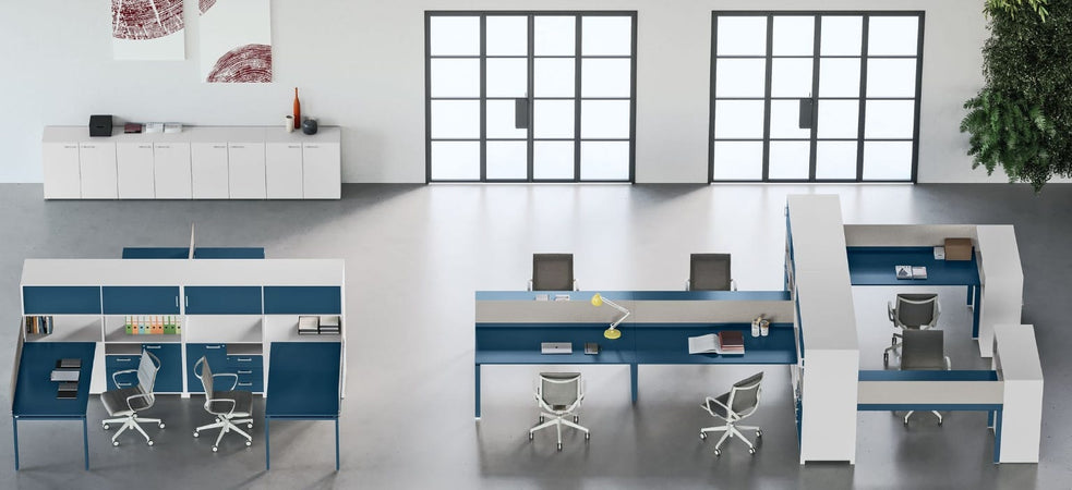 Bench operativa con due posti di lavoro, con pannello divisorio e gambe a cavalletto cm. 140/160/180x164x73/107,3h